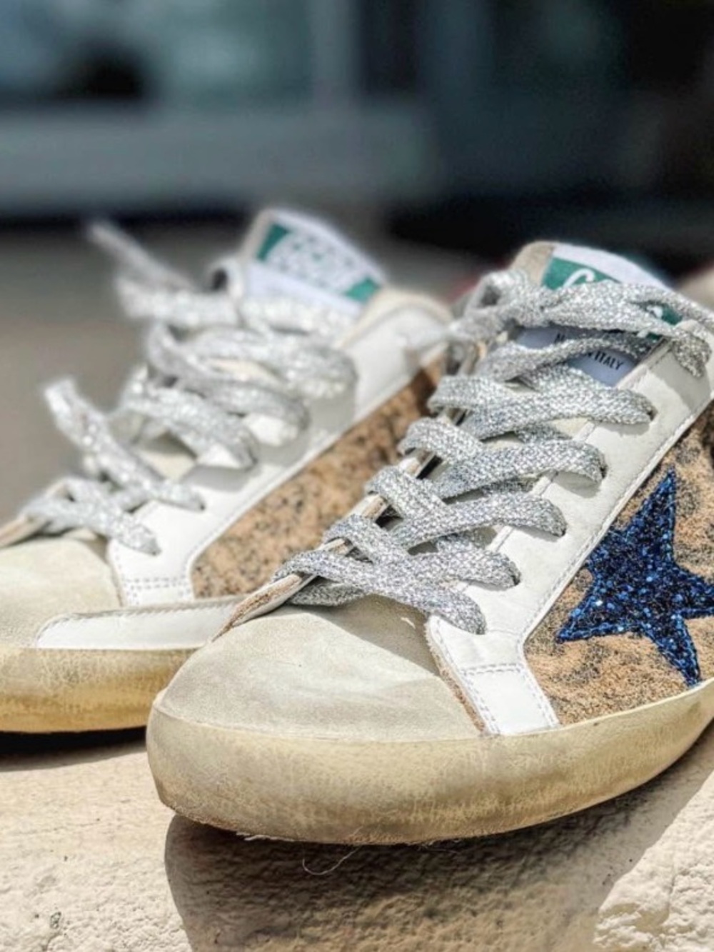 Golden Goose White and Tan leopard Sneakers with Blue Glitter Star size 38